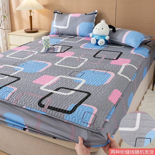 Single-piece quilted thickened fitted sheet with anti-slip fixation