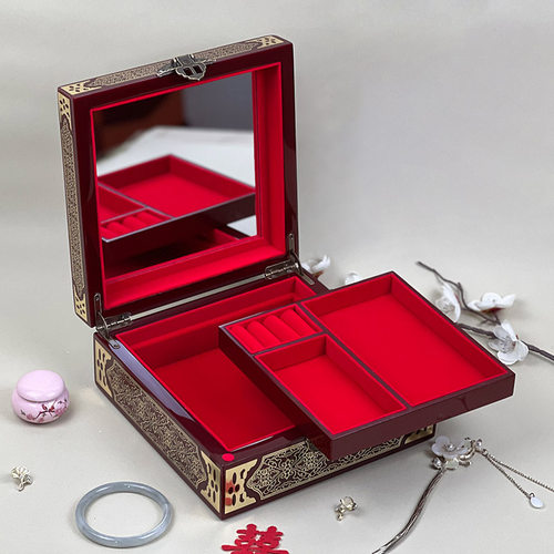 平遥非遗漆器首饰盒螺钿掐铜丝镶嵌鲍鱼贝壳中国风精致木质收纳盒 - 图1