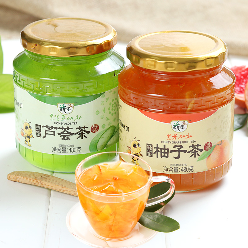 花圣食品旗舰店花圣蜂蜜柚子茶芦荟茶480*2瓶韩式风味果味茶花果茶水果酱冲饮品0