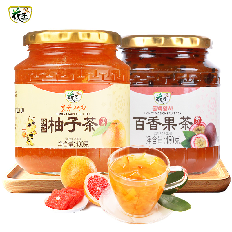 花圣食品旗舰店花圣蜂蜜柚子茶480g+百香果茶480g新鲜水果汁冲调泡水喝饮品0