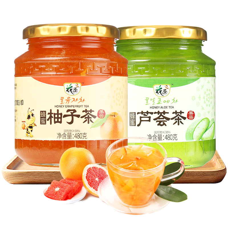 花圣食品旗舰店花圣蜂蜜柚子茶芦荟茶480*2瓶韩式风味果味茶花果茶水果酱冲饮品3