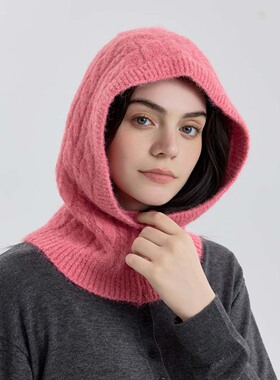 厂家自制8%羊毛混纺绞花针织毛线帽女巴拉克拉法帽保暖套头帽冷帽