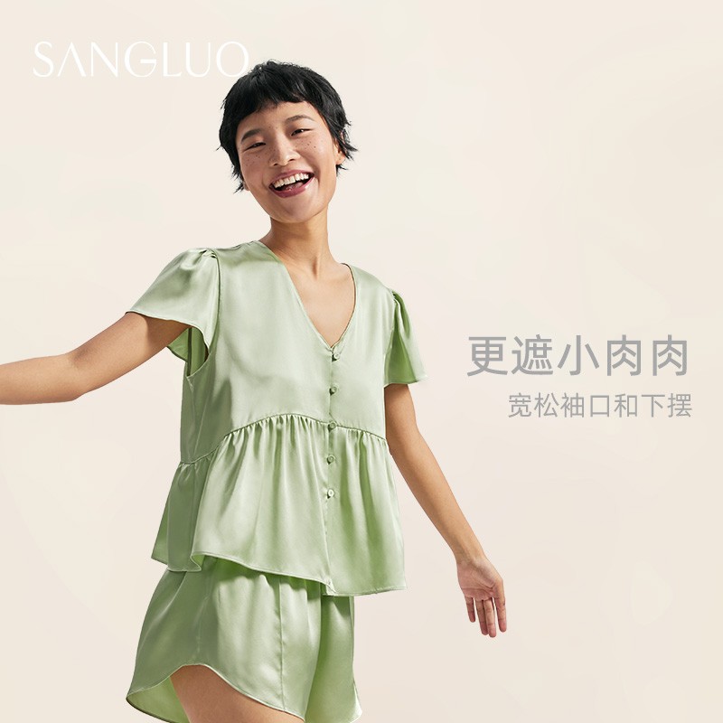 SANGLUO真丝睡衣套装娃娃衫少女柔滑零敏短袖可外穿桑蚕丝家居服