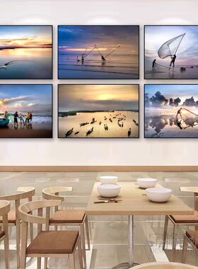 渔民捕鱼装饰画海鲜餐厅海边日落黄昏风景挂画饭店酒楼火锅店壁画