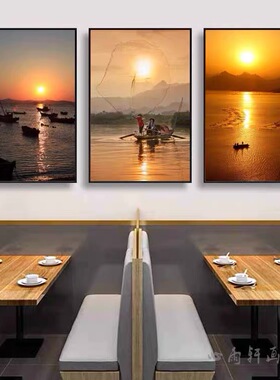 渔夫抛网捕鱼装饰画海鲜餐厅饭店落日黄昏渔民挂画水产店渔船壁画