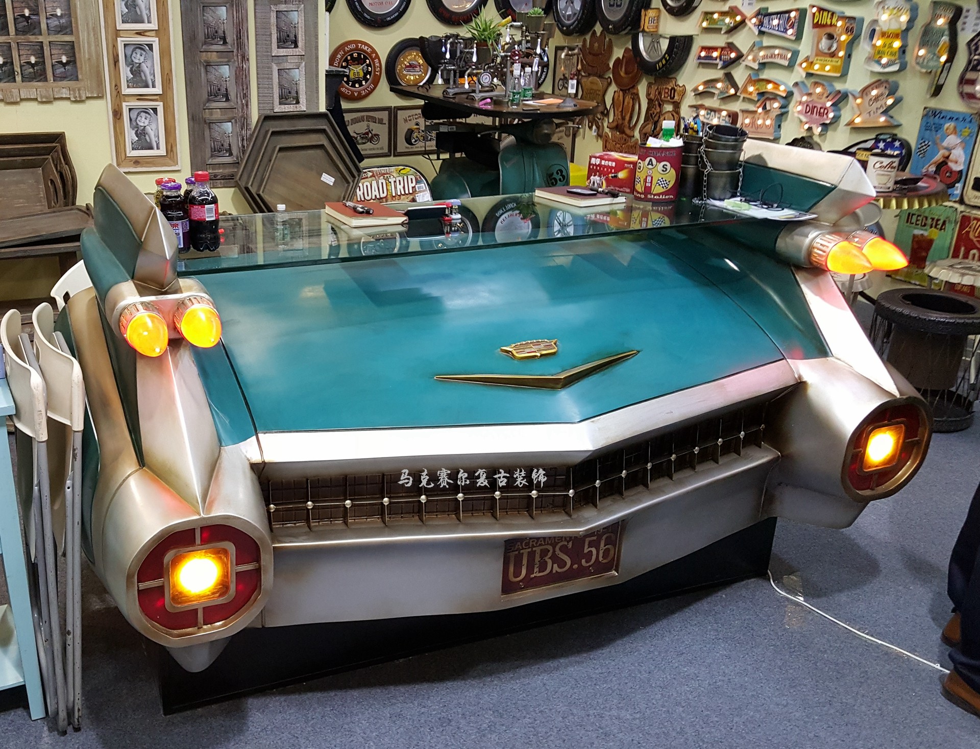 复古铁艺老爷车吧台怀旧装饰摩托车收银台火锅酒吧餐厅创意迎宾台