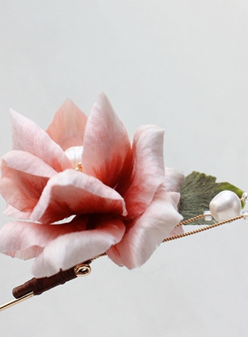 非遗绒花发簪女黑檀木发钗干枯玫瑰流苏步摇挽盘发汉服发夹胸针