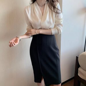 品哥弟新女装2024春秋款白色缎面真丝缎面v领高级感垂感西装衬衣