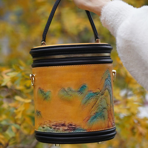 订制真皮雕刻包包女士高级感时尚水桶包圆筒包单肩圆桶包女 - 图1