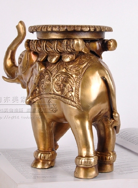 吉祥如意纯黄铜复古招财大象装饰蜡烛台工艺品摆件乔迁礼品铜制象