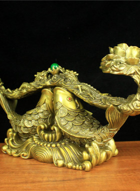 纯铜如意铜年年有鱼如意摆件大号双龙如意福寿如意办公室桌面礼品