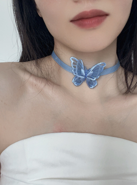 超仙蓝色复古双层立体蝴蝶项链锁骨链颈链森系仙女度假choker配饰