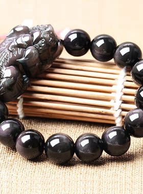 天然黑曜石冰彩霸王风貔貅手链