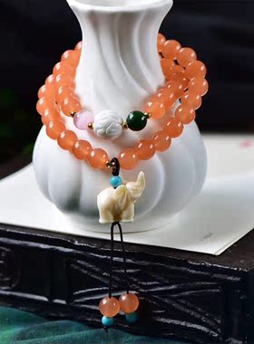 天然橘黄色玛瑙白莲花手链