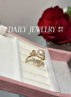 特价！天然9mm海水akoya羽皇金色珍珠戒指S925纯银镀18k仅此一枚