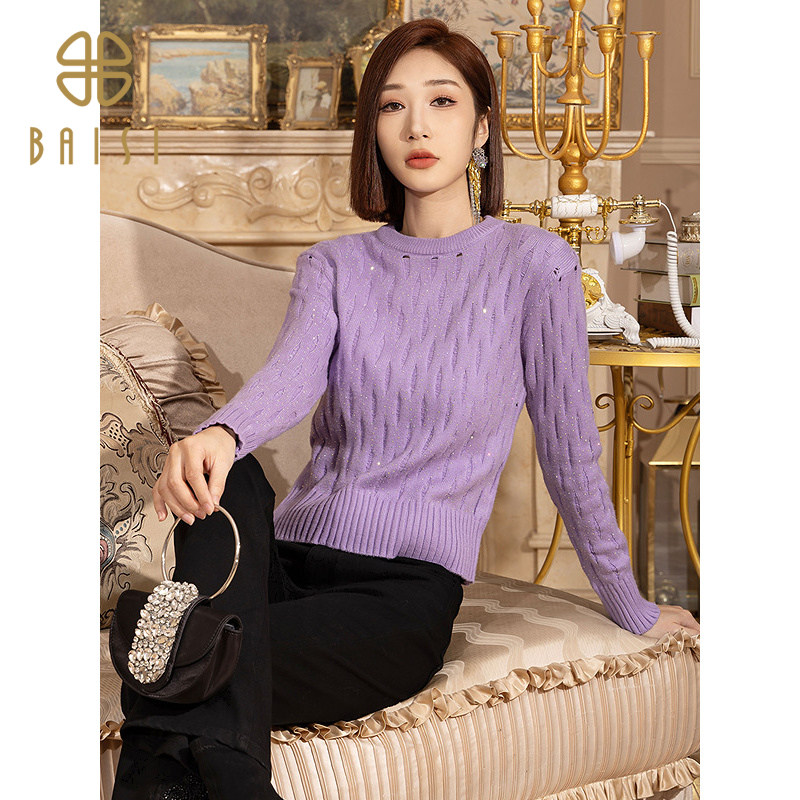 2025冬季新品百丝慵懒松弛感圆领针织衫内搭可外穿套头长袖上衣女 - 图1