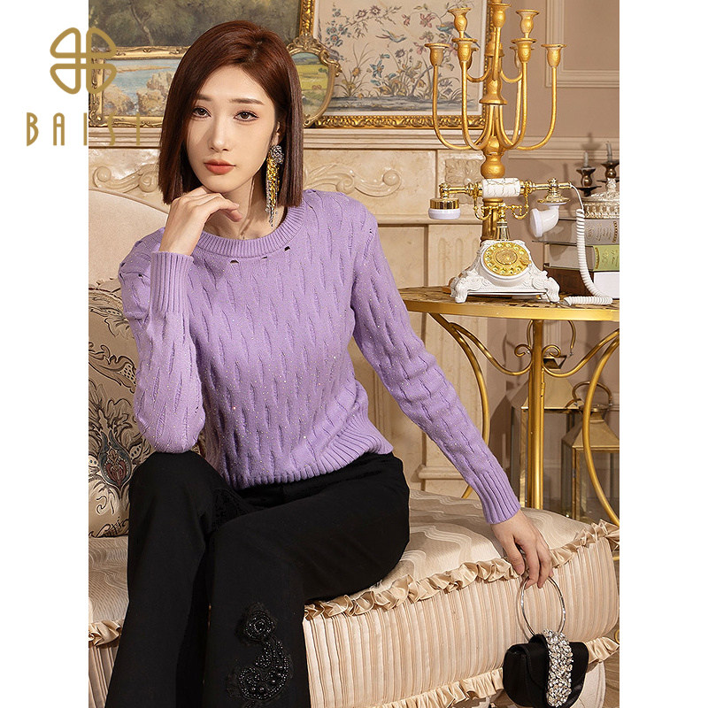 2025冬季新品百丝慵懒松弛感圆领针织衫内搭可外穿套头长袖上衣女 - 图2