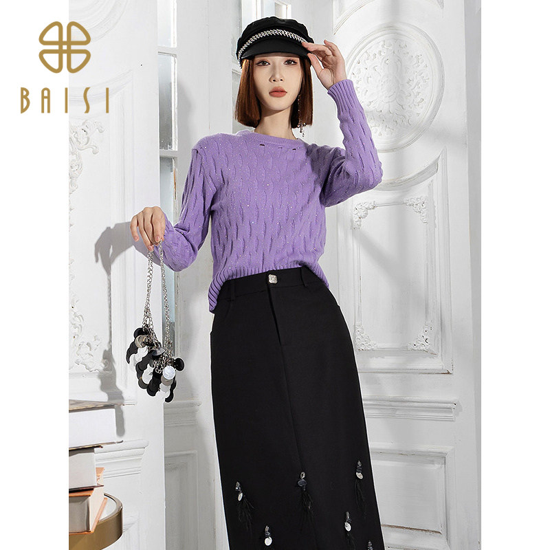 2025冬季新品百丝慵懒松弛感圆领针织衫内搭可外穿套头长袖上衣女 - 图0