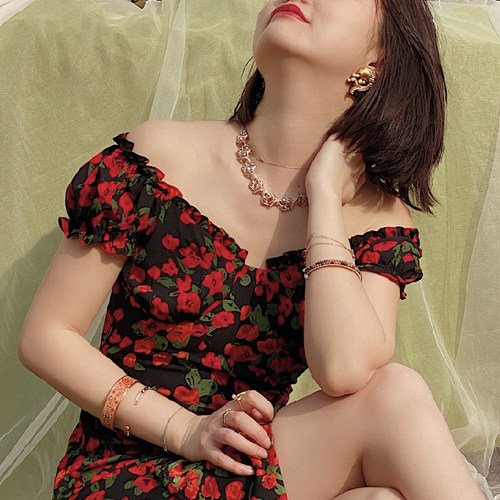 sibleu法式连衣裙新中式清冷松弛感穿搭泡泡袖玫瑰印花早秋女装 - 图2
