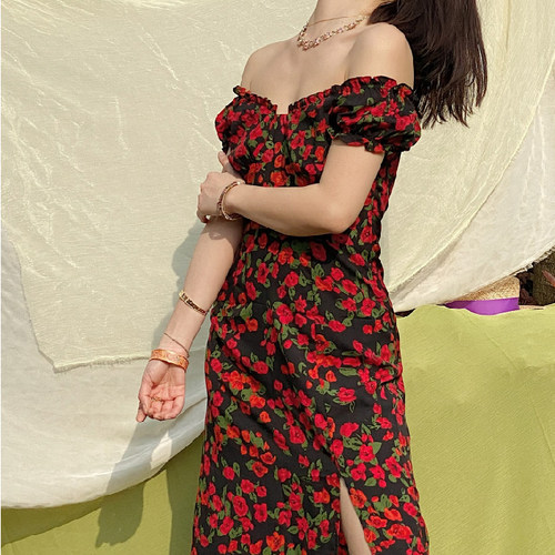 sibleu法式连衣裙新中式清冷松弛感穿搭泡泡袖玫瑰印花早秋女装 - 图0