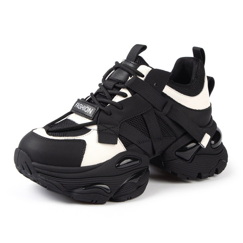 真皮厚底老爹鞋女2025新款网红超火增高黑色显脚小运动鞋女款秋冬 - 图3