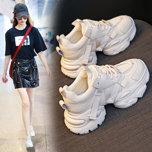 真皮厚底老爹鞋女2025新款网红超火增高黑色显脚小运动鞋女款秋冬 - 图0