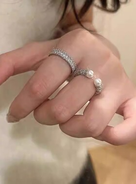 银色中古风格麻花仿珍珠戒指女小众设计轻奢高级感全宽版款食指戒