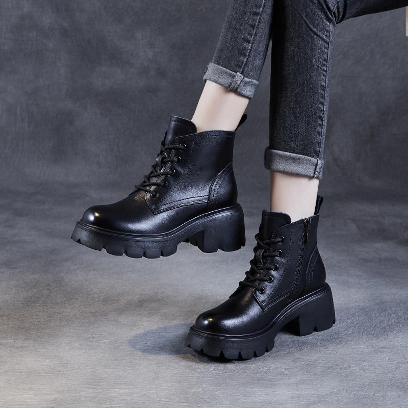头层牛皮厚底秋冬季女加绒靴子粗跟小个子2024新款系带英伦风百搭 - 图2