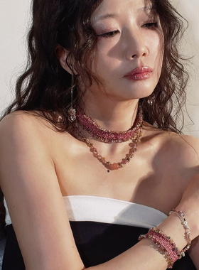 《樱落绯鱼》渐变印度切彩碧玺钩编颈链 日常氛围感锁骨项链
