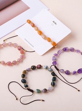 东海天然水晶滚石带隔珠手链手工编织可调节单圈手链水晶饰品手串