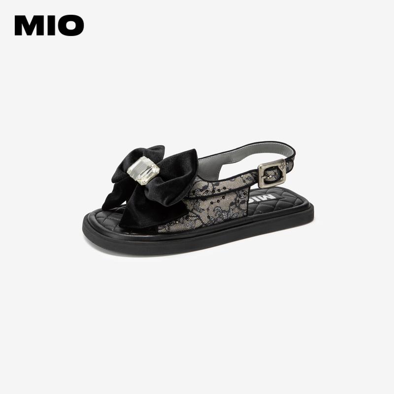 MIO米奥2024年夏季低跟休闲凉鞋蝴蝶结舒适时髦一字式扣带凉鞋女-图0