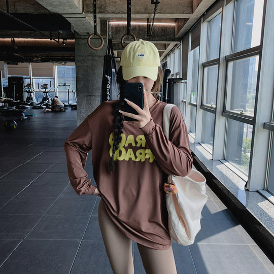 显瘦宽松大码胖mm女健身服瑜伽服上衣速干跑步长款字母运动T恤衫