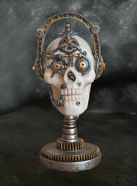 卡通万圣节装饰恐怖邪恶的机械摇头骷髅头摆件办公桌面装饰树脂