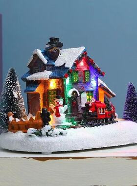 跨境圣诞节装饰品七彩发光小房子小火车雪屋树脂工艺品圣诞摆件