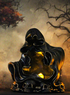 跨境新品带灯骷髅雕像万圣节家居装饰摆件黑袍哥特式树脂工艺摆件