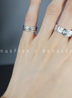 韩国925纯银加宽异形闪钻星星纹理戒指双层烧银尾戒简约日常搭配