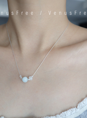 天然海蓝宝925纯银淡奶蓝色珠珠串珠细项链锁骨链简约银饰日常