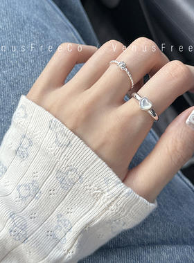 会发光2选韩国绝美925纯银爱心白宝石细麻花开口戒指叠戴日常简约