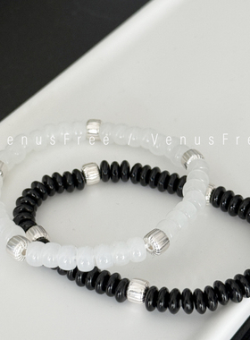 定制925纯银珠天然黑白色玛瑙手串质感手链冷淡风日常简约叠戴