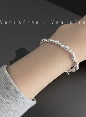 超闪韩国手工定制切割设计感通体925纯银肌理银豆豆弹力手链日常