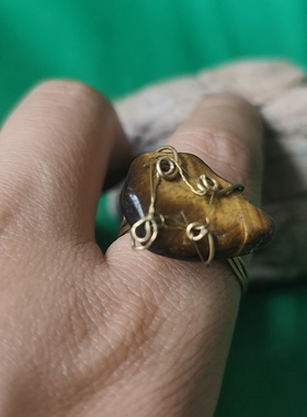 原创小众设计天然石黄铜丝手工缠绕孤品特色开口戒指指环