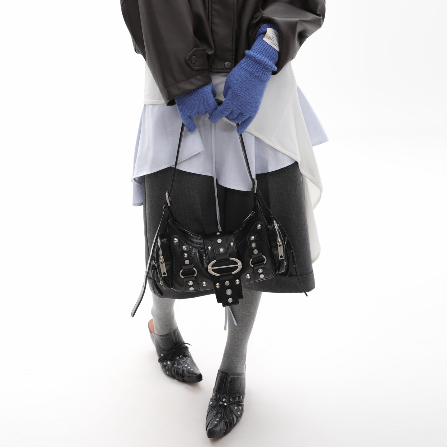 简着25AW新品 原创 黑色蛇皮纹铆钉辣妹单肩腋下包 斜挎2用机车包,淘宝优惠券,粉丝福利购,淘宝优惠卷