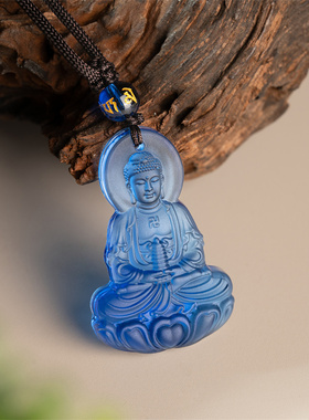 药师佛吊坠开广蓝色琉璃寺院结缘随身佛像佛牌项链药师琉璃光如来