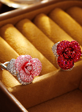 复古港风红色玫瑰戒指时尚气质轻奢超闪百闭口指环2爆款