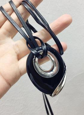 黑色金属椭圆形几何PU人造革项链