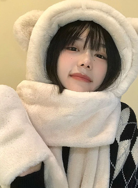 可爱小熊耳朵帽子围巾手套一体女冬季保暖围脖毛绒加厚骑车三件套