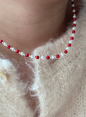 925纯银珍珠红色珊瑚项链女