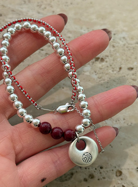925通体纯银平安锁朱砂圆珠手链