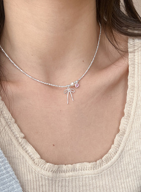 s925纯银碎银子蝴蝶结项链女
