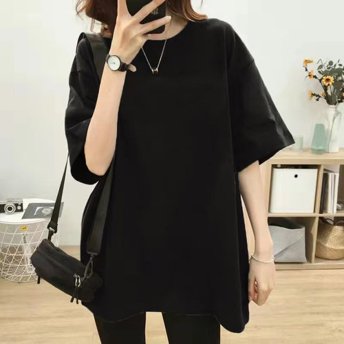 短袖t恤女宽松夏季洋气减龄bf慵懒风大码中长款港味chic半袖上衣 - 图1
